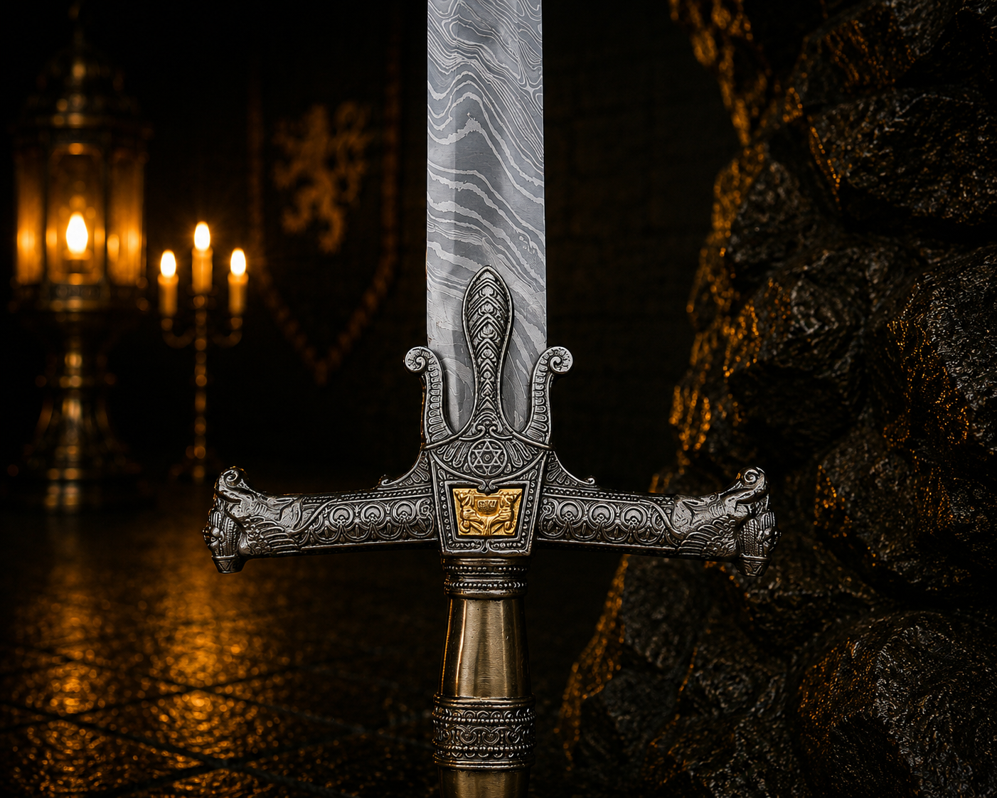Handmade Forged Crown Sword Engraved Blade, Medieval Decorative Damascus Sword for Display Halloween Christmas gift