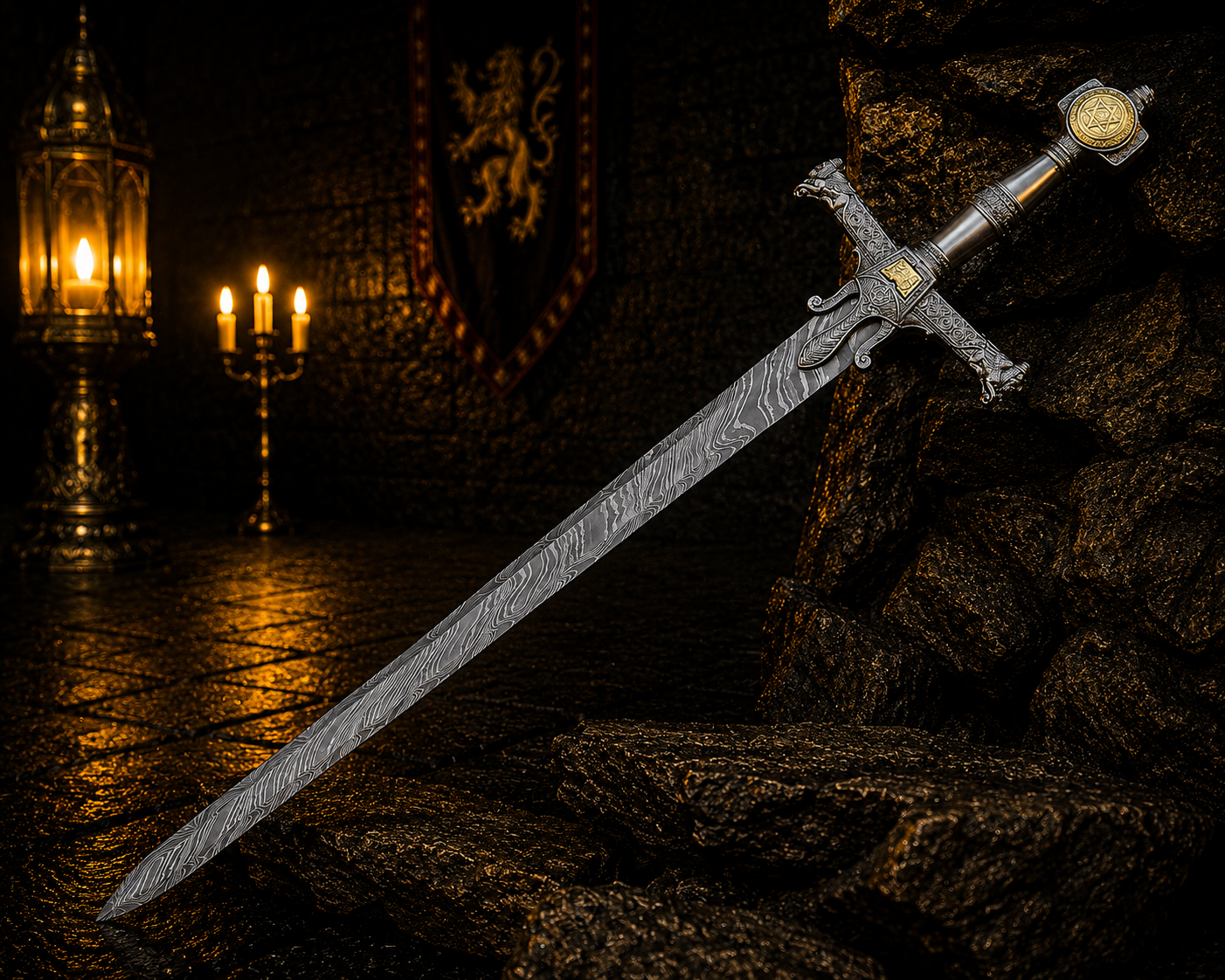 Handmade Forged Crown Sword Engraved Blade, Medieval Decorative Damascus Sword for Display Halloween Christmas gift
