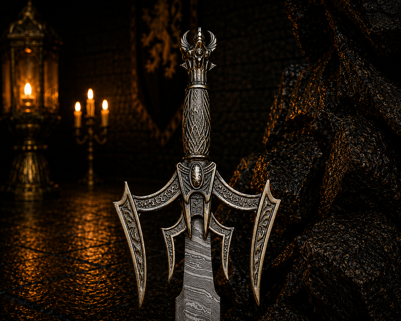 Damascus Steel Luciendar Sword of Light Engraved Blade, Medieval Decorative Damascus Sword for Display Halloween Christmas gift