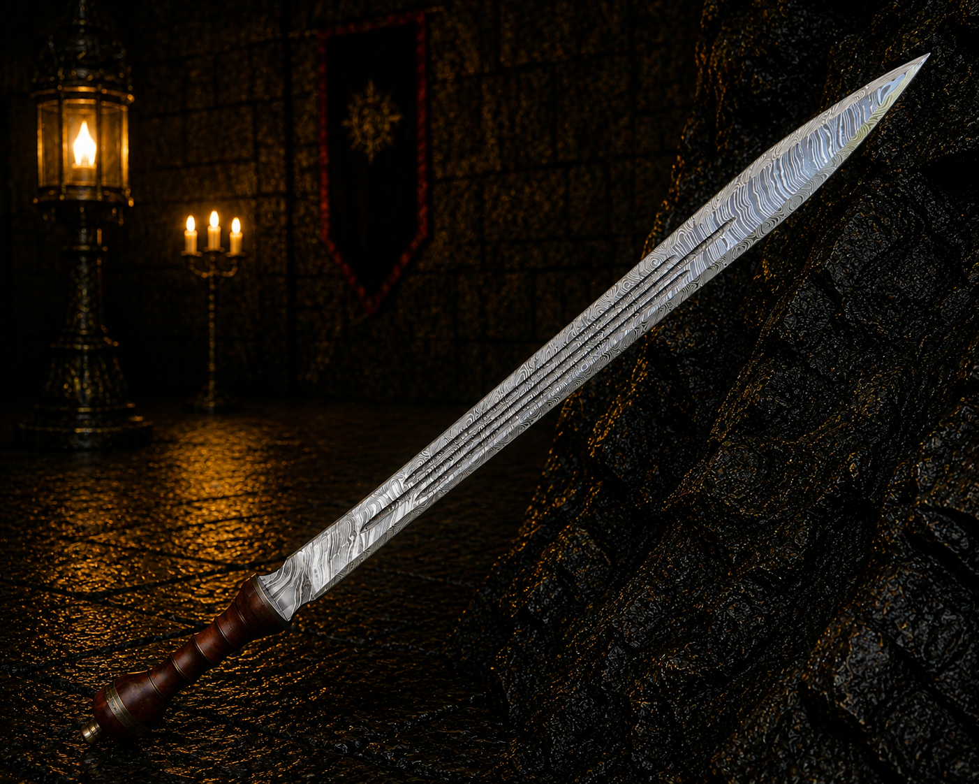 Handmade Stone bound Edge Viking Sword Engraved Blade, Medieval Decorative Damascus Sword for Display Halloween Christmas gift