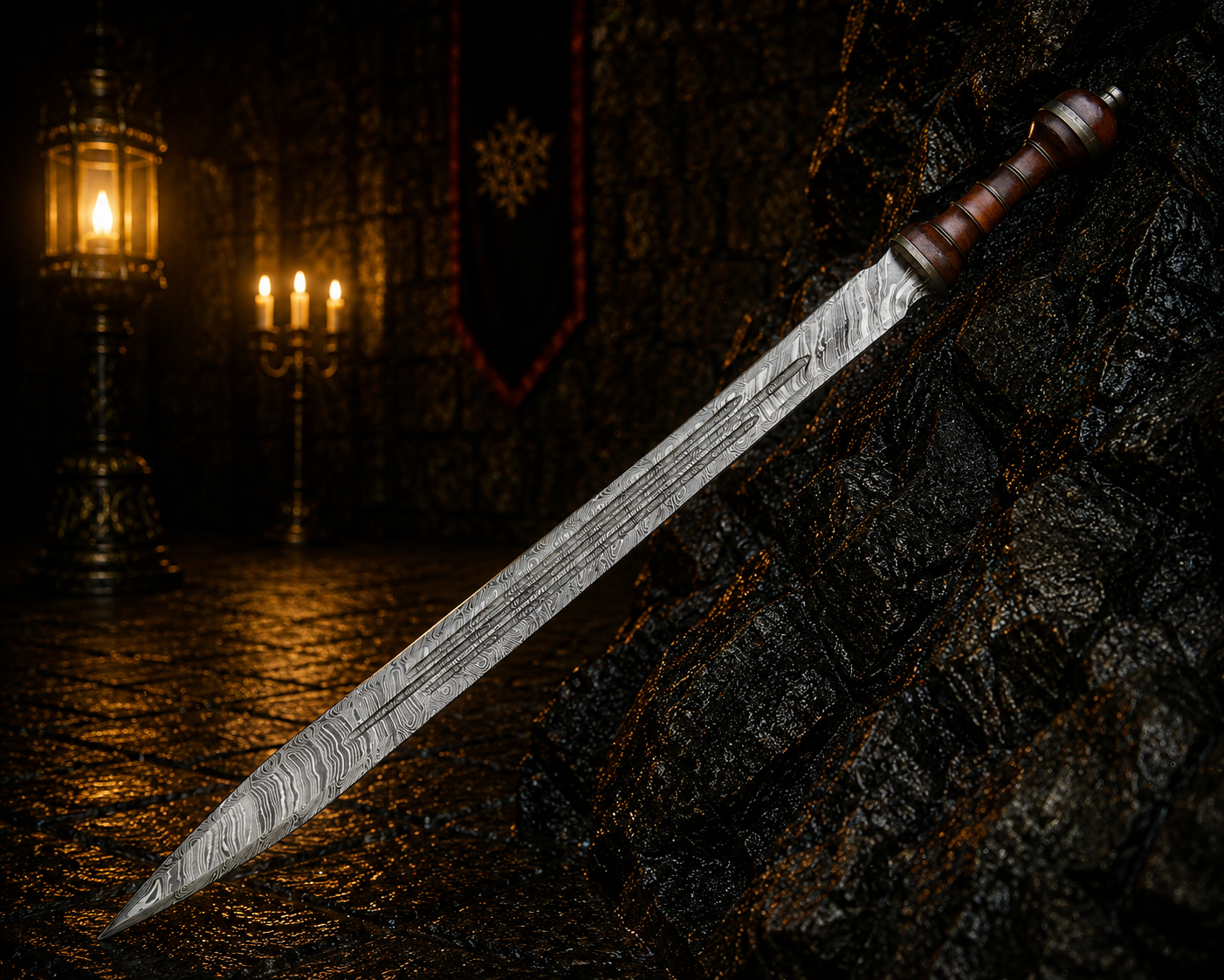 Handmade Stone bound Edge Viking Sword Engraved Blade, Medieval Decorative Damascus Sword for Display Halloween Christmas gift