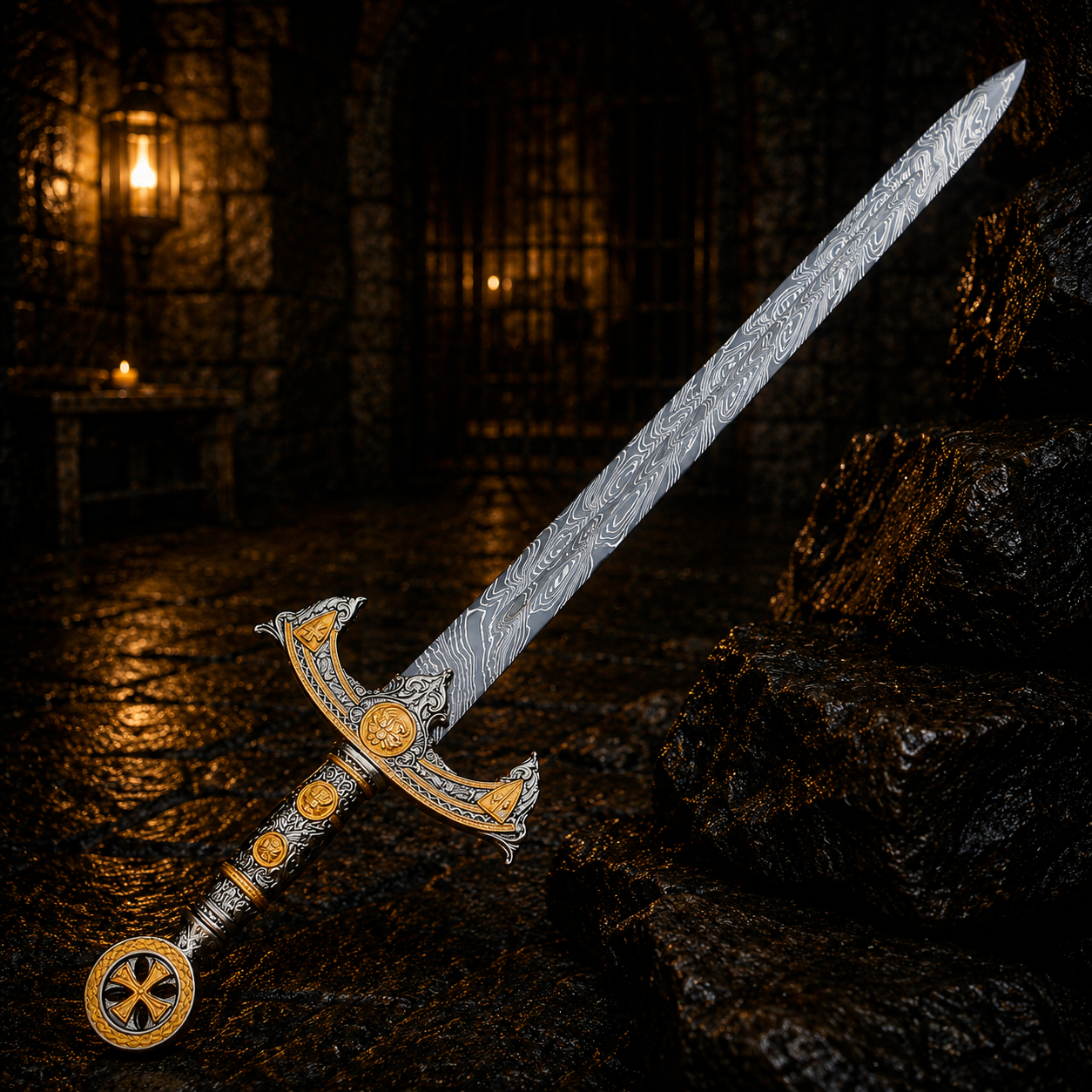 Handmade Oath Keeper Damascus Sword  Engraved Blade, Medieval Decorative Sword for Display Halloween Costume Gift