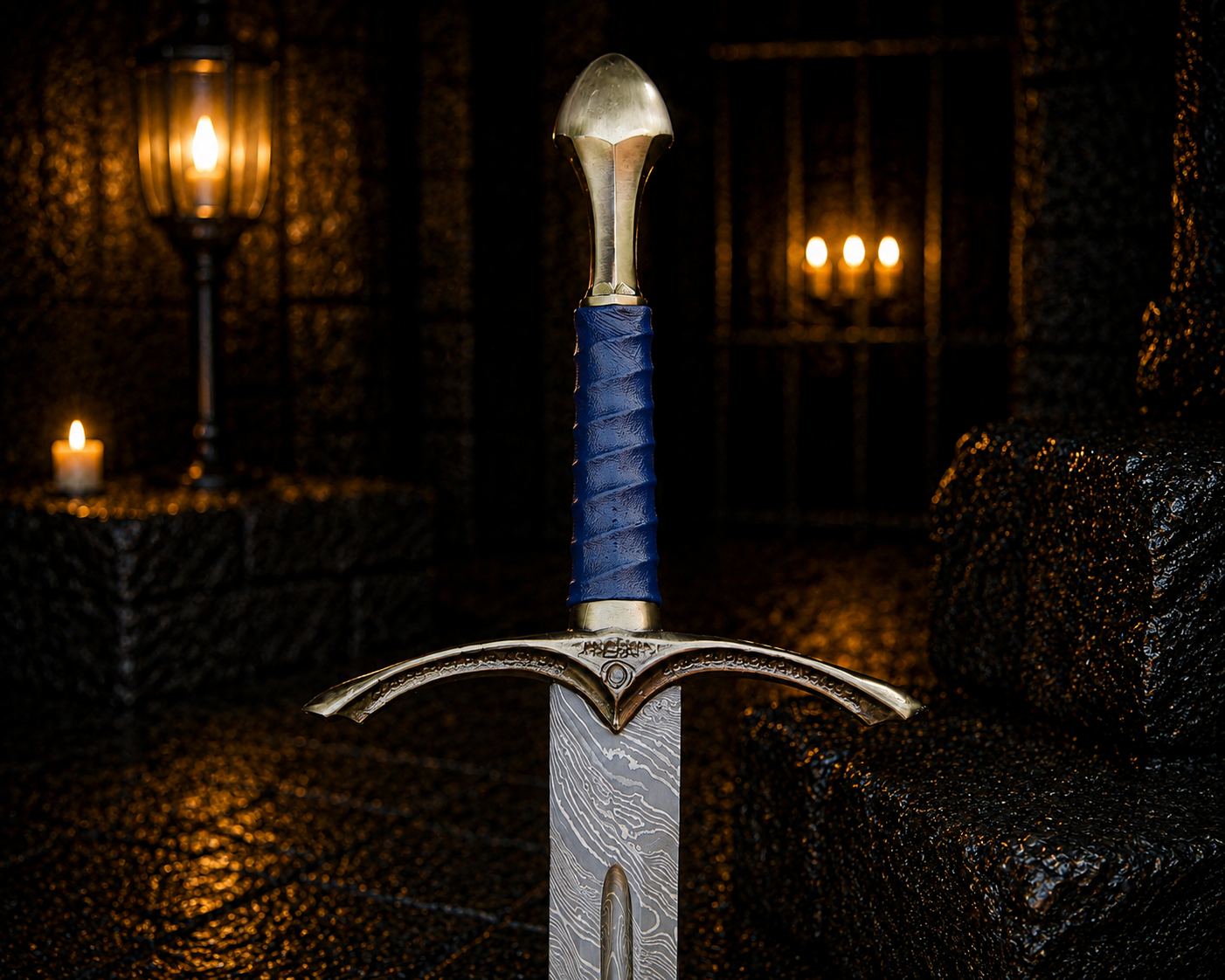 Personalized Blue Azure Viking Sword Engraved Blade, Medieval Decorative Damascus Sword for Display Halloween Christmas gift