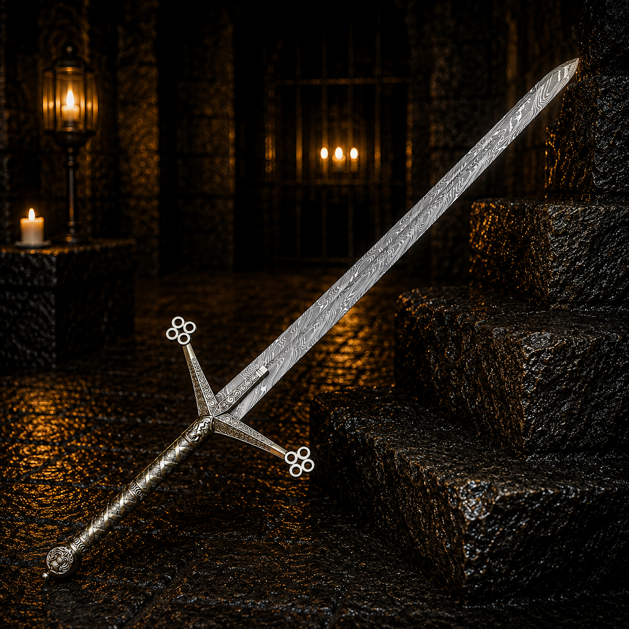 Damascus Steel Scottish Claymore Sword Fantasy Sword with Engraved Blade, Medieval Decorative Sword for Display House warming gift
