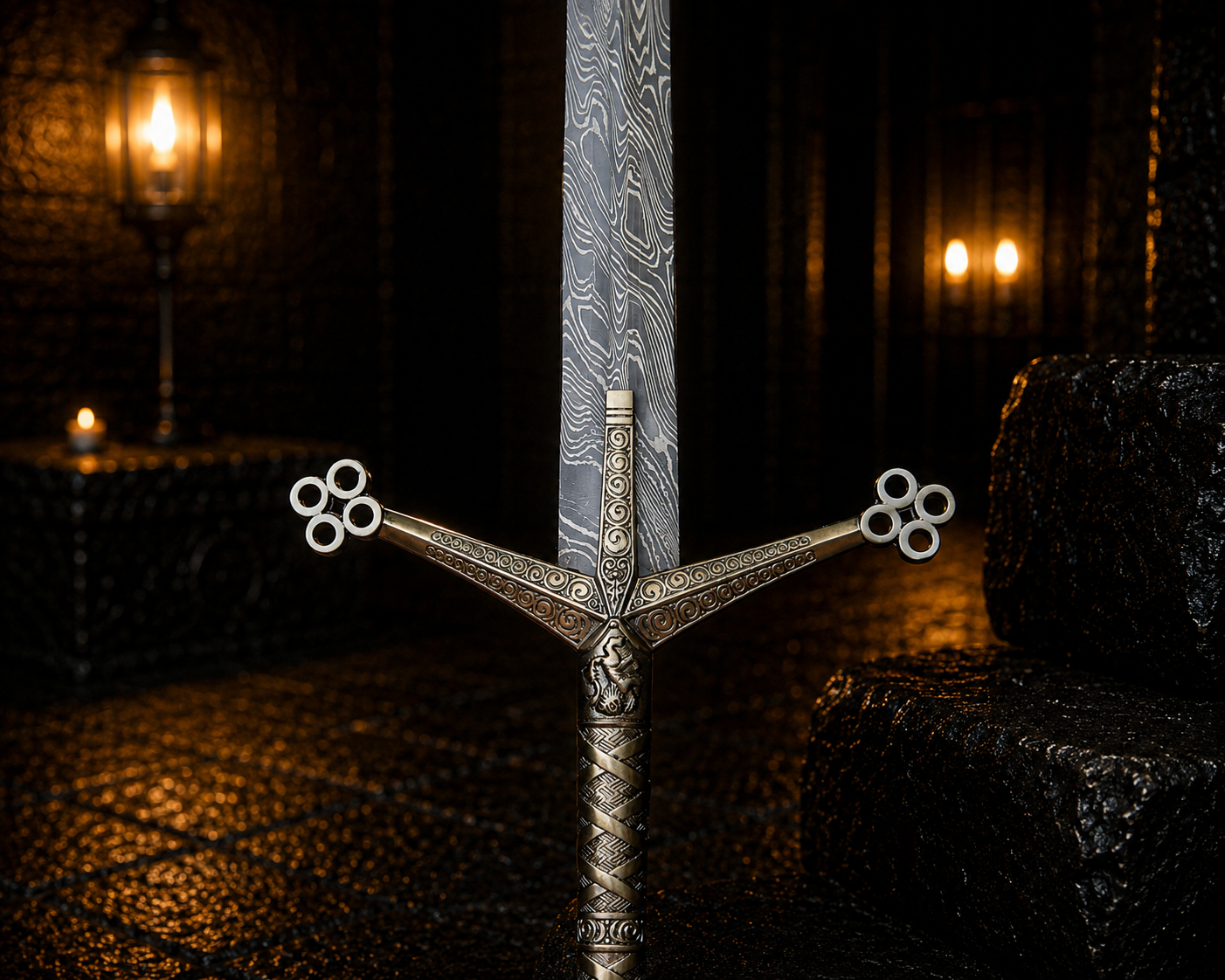 Damascus Steel Scottish Claymore Sword Fantasy Sword with Engraved Blade, Medieval Decorative Sword for Display House warming gift
