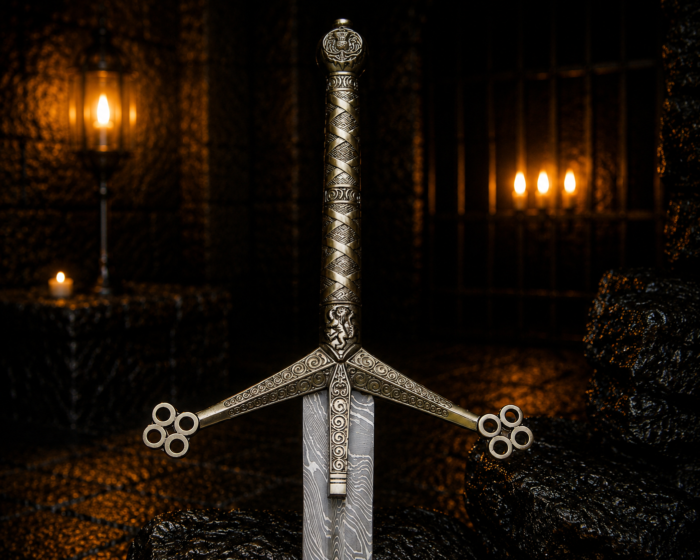 Damascus Steel Scottish Claymore Sword Fantasy Sword with Engraved Blade, Medieval Decorative Sword for Display House warming gift