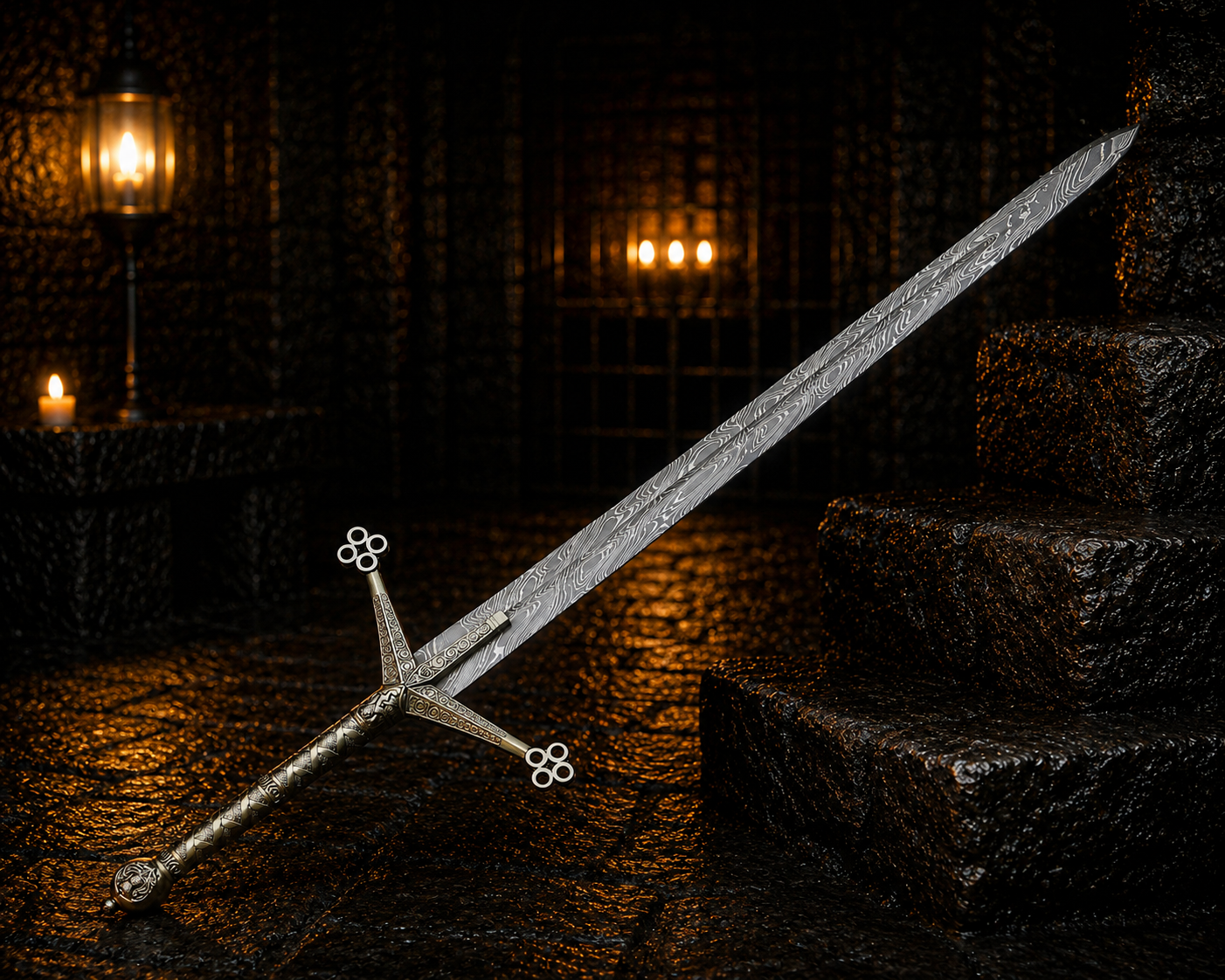 Damascus Steel Scottish Claymore Sword Fantasy Sword with Engraved Blade, Medieval Decorative Sword for Display House warming gift