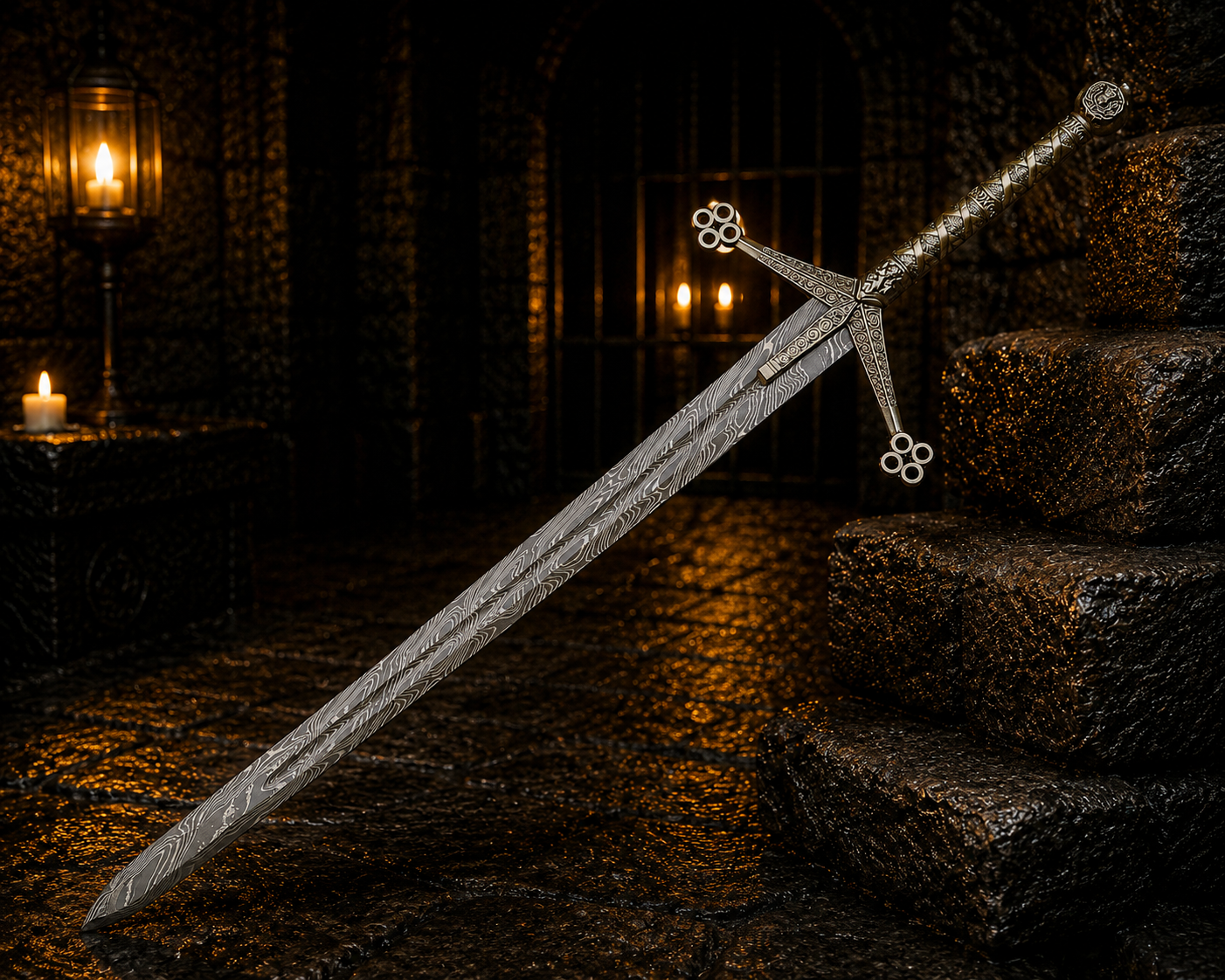 Damascus Steel Scottish Claymore Sword Fantasy Sword with Engraved Blade, Medieval Decorative Sword for Display House warming gift
