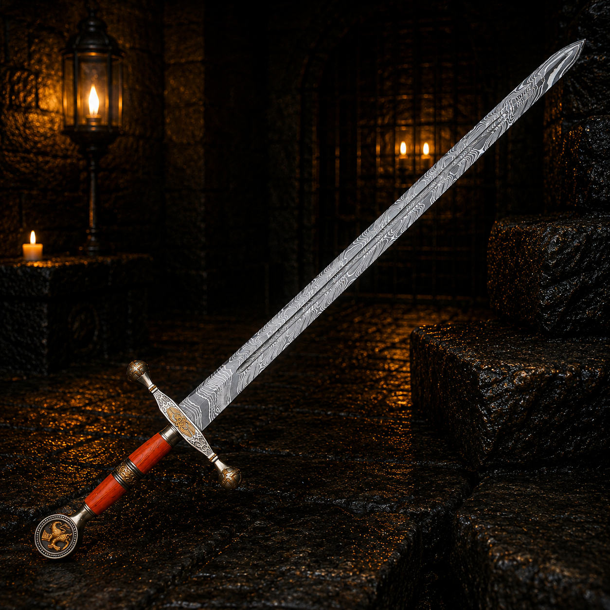 Personalized Ember Sigil Damascus Sword Engraved Blade, Medieval Decorative Sword for Display Halloween Costume