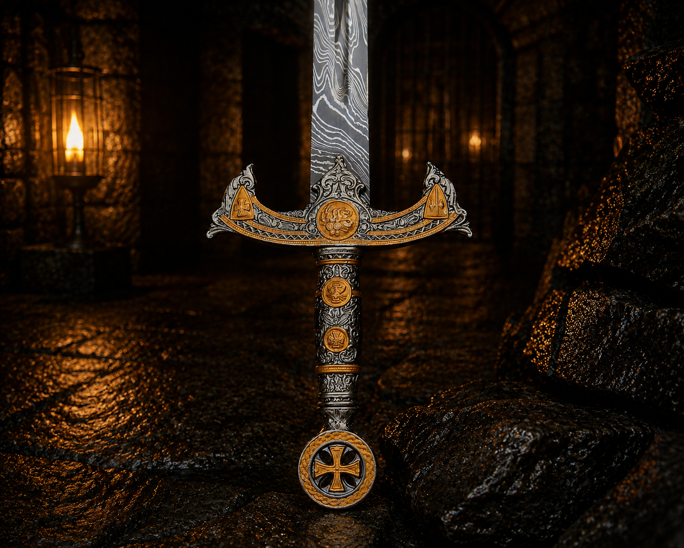 Handmade Oath Keeper Damascus Sword  Engraved Blade, Medieval Decorative Sword for Display Halloween Costume Gift