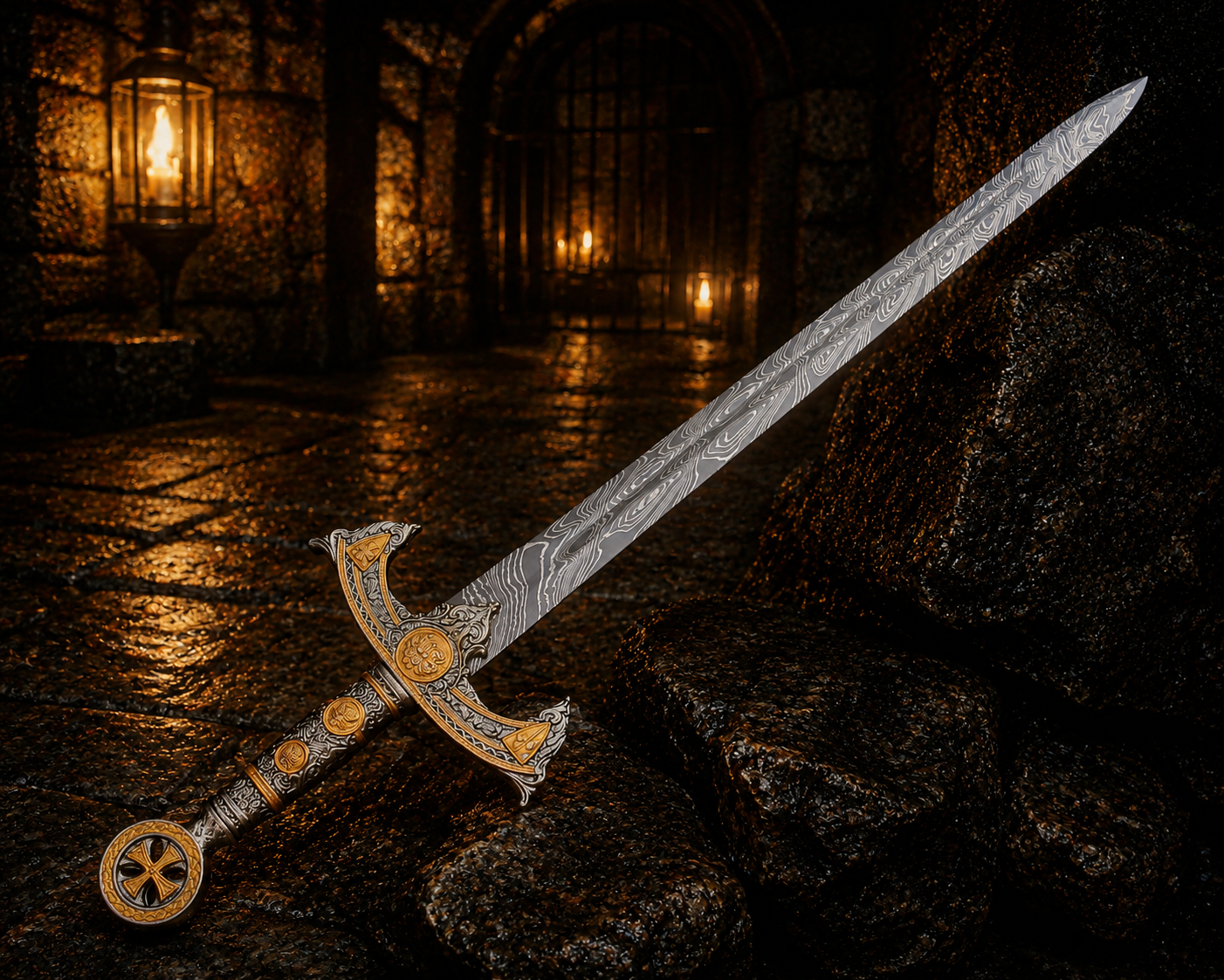Handmade Oath Keeper Damascus Sword  Engraved Blade, Medieval Decorative Sword for Display Halloween Costume Gift