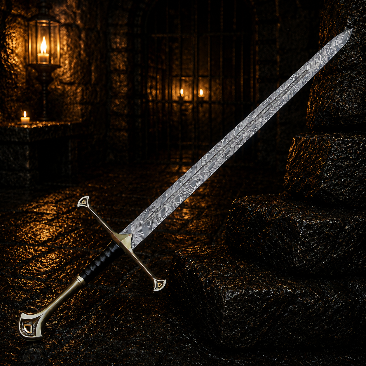 Handmade Iron Warden Damascus Sword Engraved Blade, Medieval Fantasy Collectible Display Anniversary Gift for Men Halloween Costume Gift