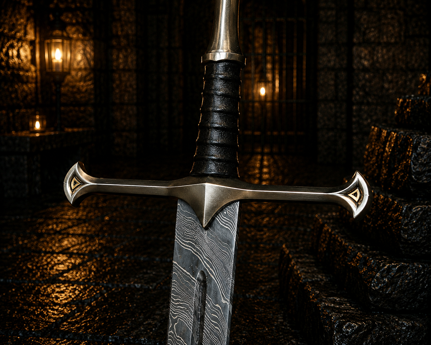 Handmade Iron Warden Damascus Sword Engraved Blade, Medieval Fantasy Collectible Display Anniversary Gift for Men Halloween Costume Gift
