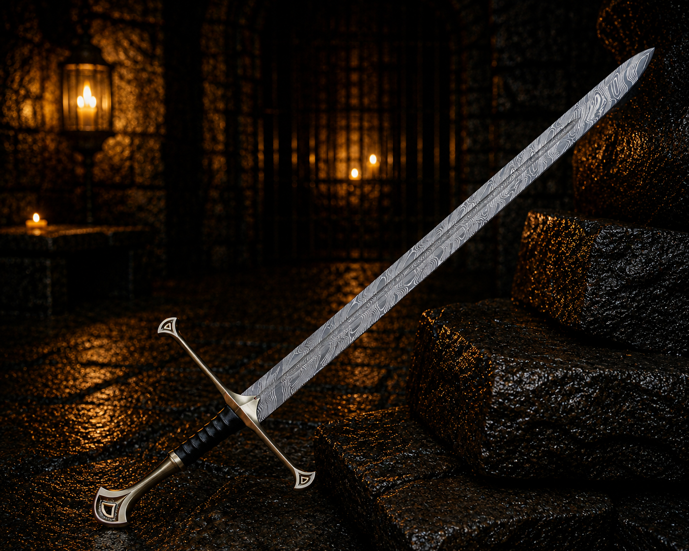 Handmade Iron Warden Damascus Sword Engraved Blade, Medieval Fantasy Collectible Display Anniversary Gift for Men Halloween Costume Gift