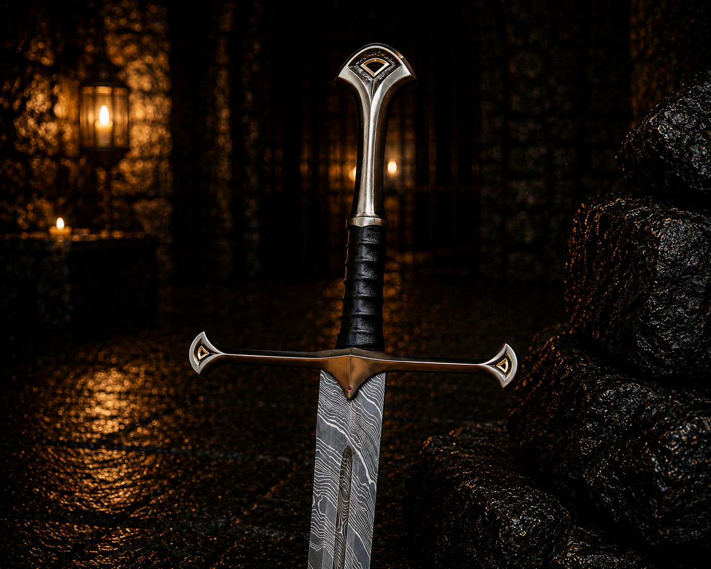 Handmade Iron Warden Damascus Sword Engraved Blade, Medieval Fantasy Collectible Display Anniversary Gift for Men Halloween Costume Gift