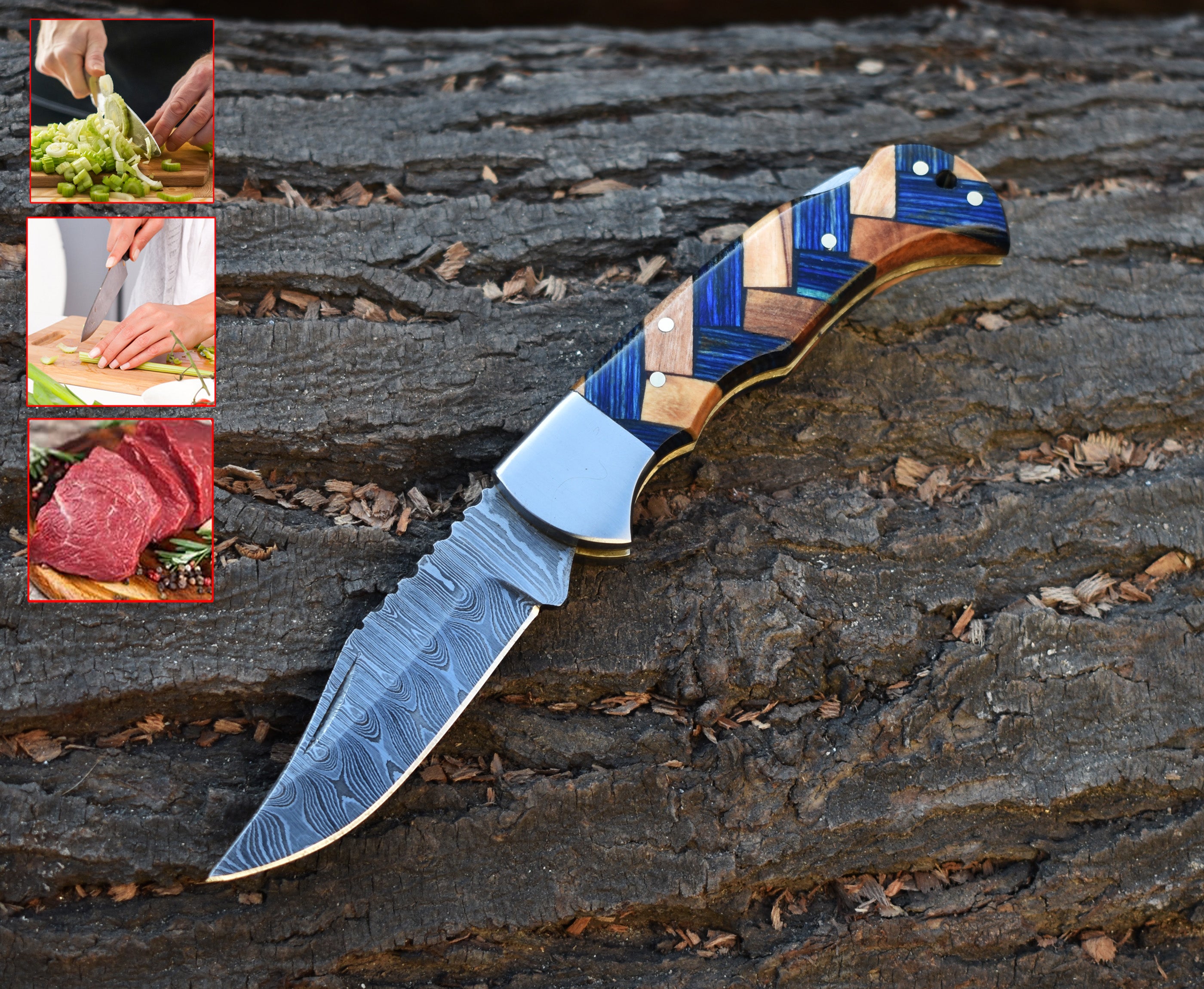 Personalized Handmade Damascus steel Back Lock Pocket Knife Blue olive wood handle Folding knife sharp edge come with leather sheath.