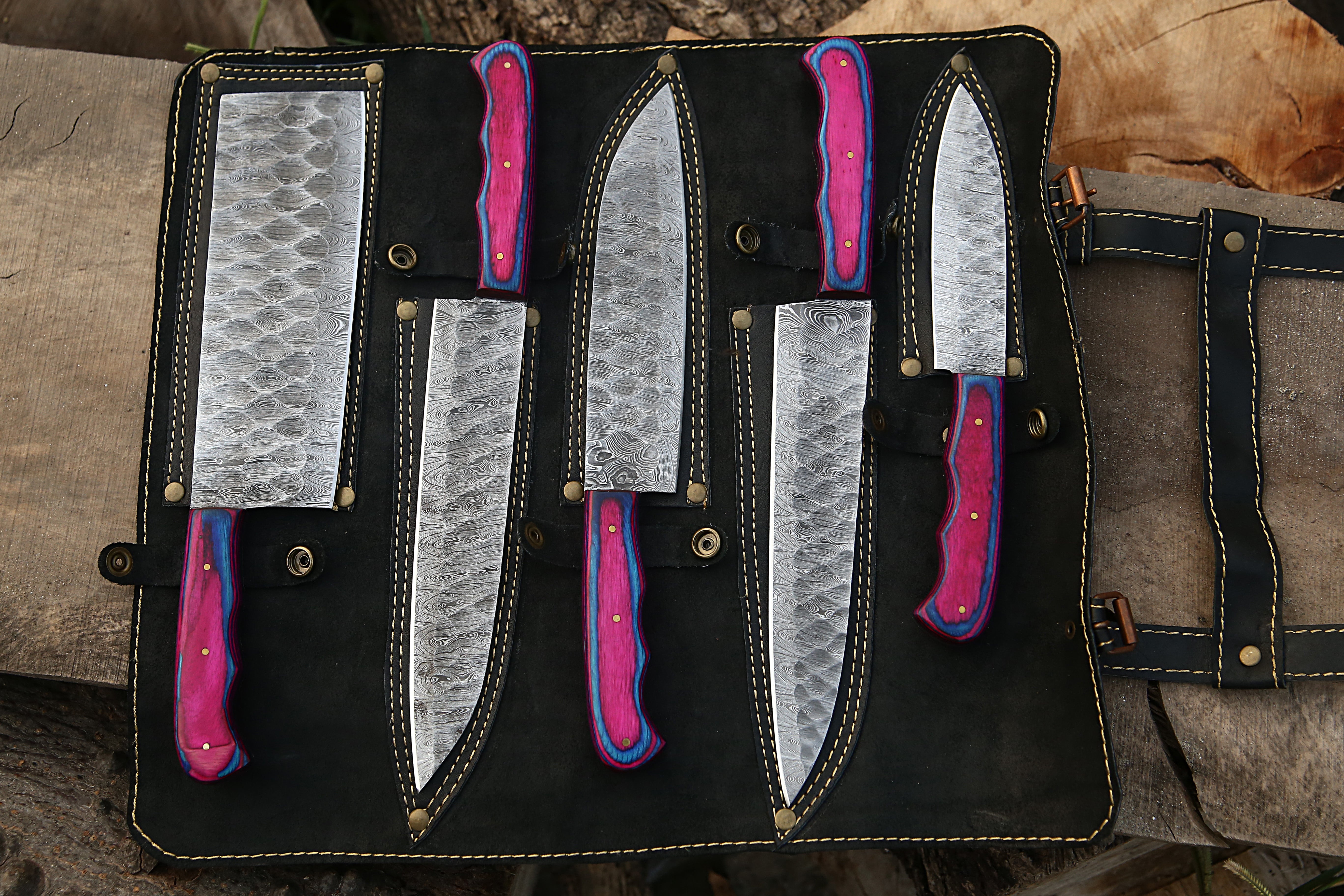 Damascus Knives Set With Beautiful Wood Handle Included Leather Kit Roll 
