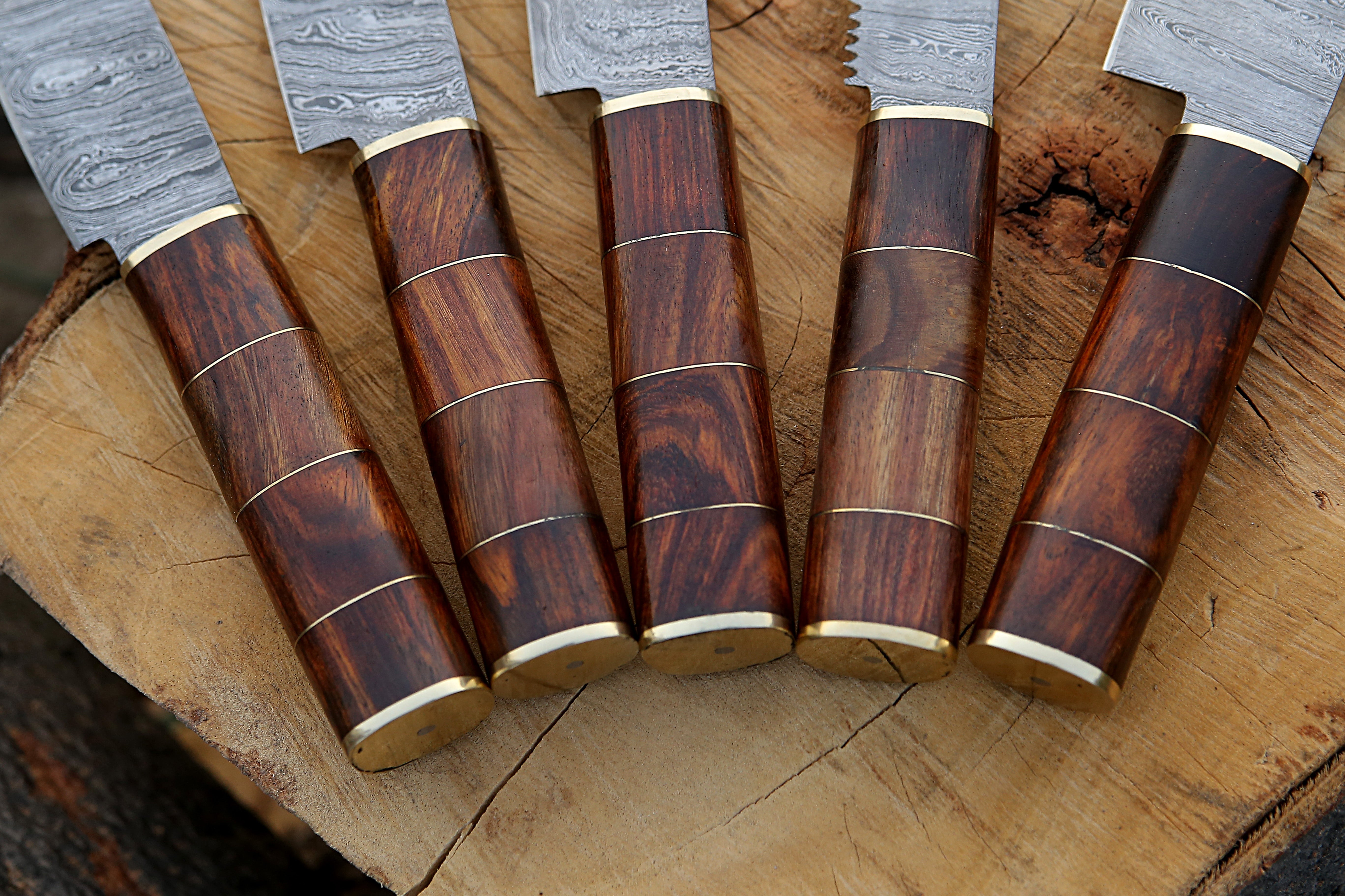 Custom Made Damascus Steel Kitchen Knife Rosewood Handle Handmade Chef knife Set Of 5 PCS With Leather Kit.