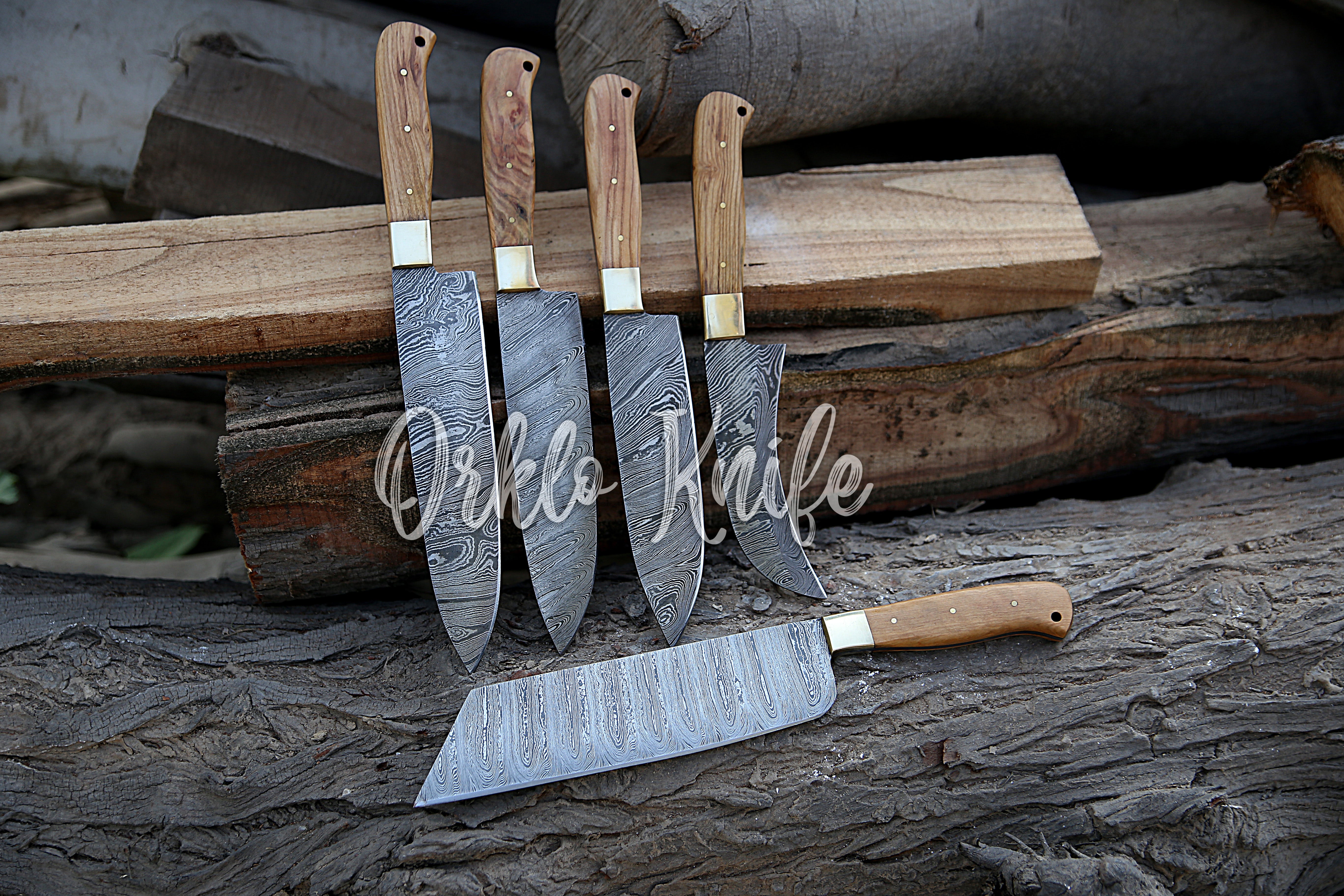 Professional Kitchen Knives Custom Made Damascus Steel 5 pcs of  Professional Utility Chef Kitchen Knife Set with Chopper / Cleaver with  Pocket Case