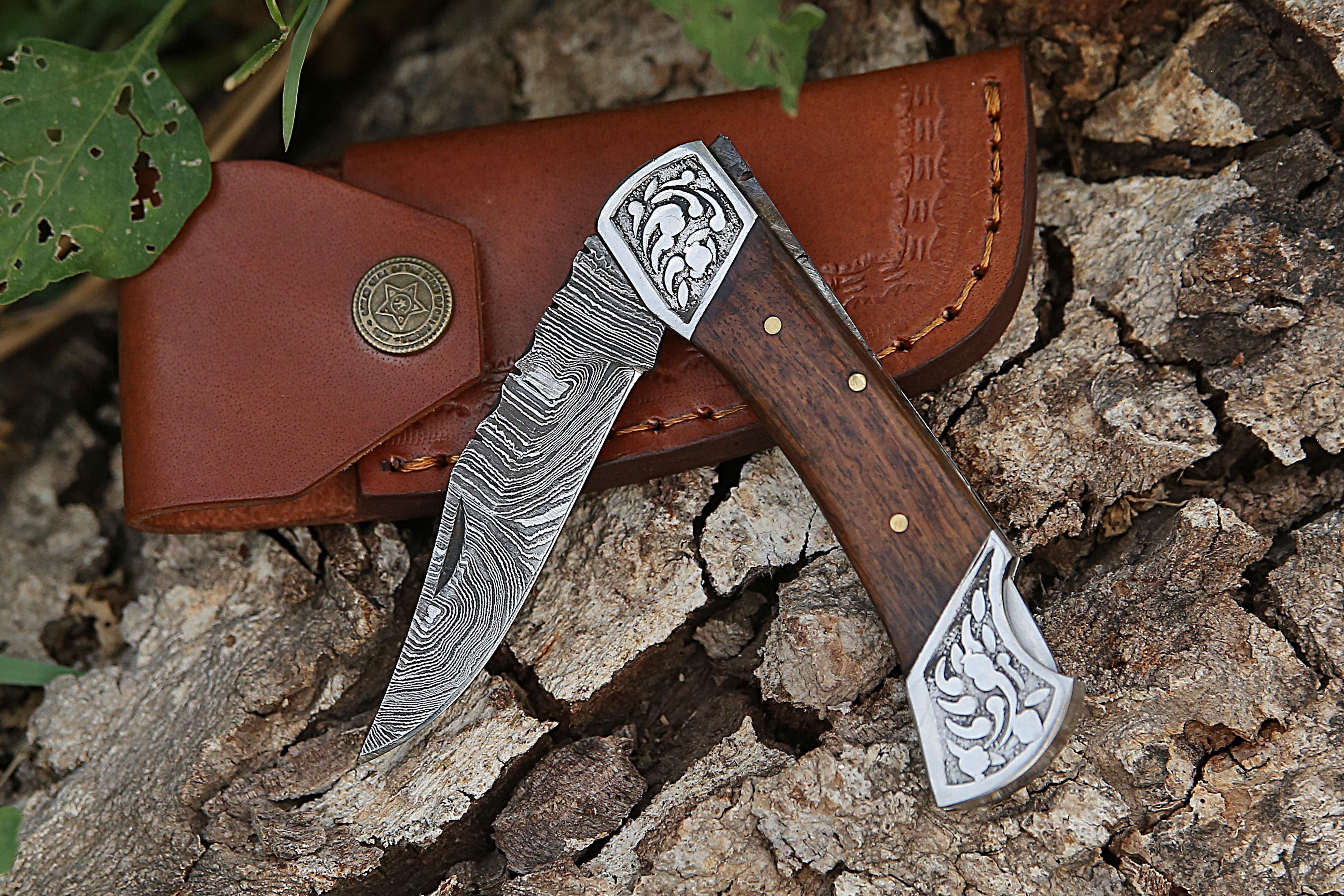 Engraved Steel Rose Wood Handle Handmade Damascus Steel Back Lock Pocket Knife For Outdoor.